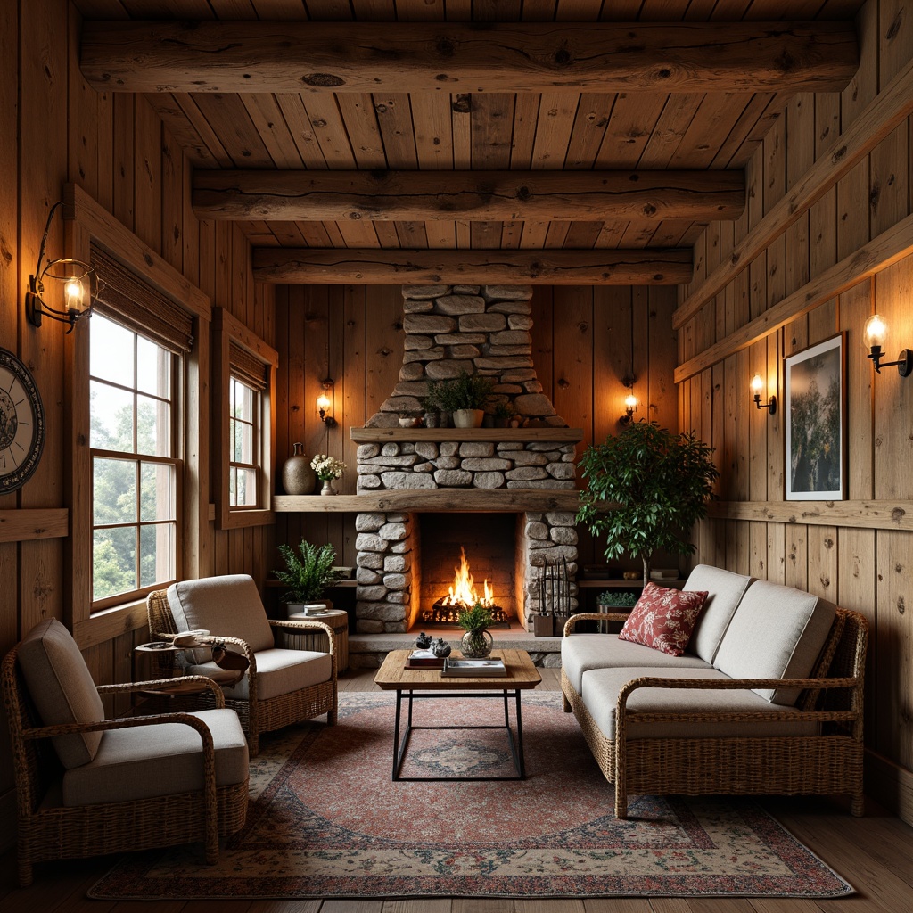 Prompt: Rustic wooden cabin, reclaimed timber walls, natural stone fireplaces, earthy color palette, woven wicker furniture, plush velvet upholstery, vintage metal decor, distressed leather accents, organic linen fabrics, botanical prints, candlelit ambiance, warm soft lighting, shallow depth of field, 1/1 composition, intimate cozy atmosphere, realistic textures, ambient occlusion.