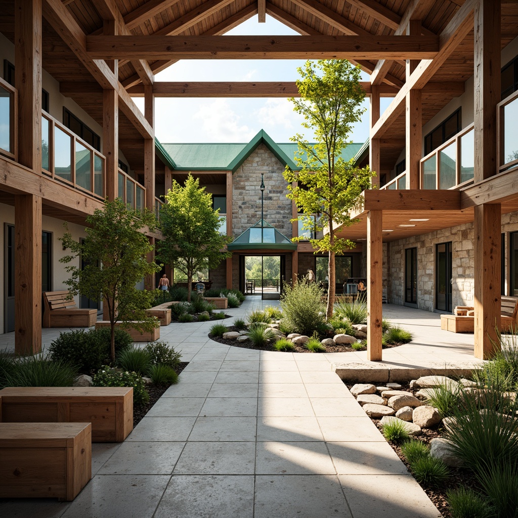 Prompt: Rustic community center, wooden beams, stone walls, earthy tones, natural light, green roofs, lush vegetation, courtyard gardens, water features, walking paths, wooden benches, ceramic tiles, reclaimed wood accents, warm color palette, cozy atmosphere, soft lighting, shallow depth of field, 2/3 composition, realistic textures, ambient occlusion.