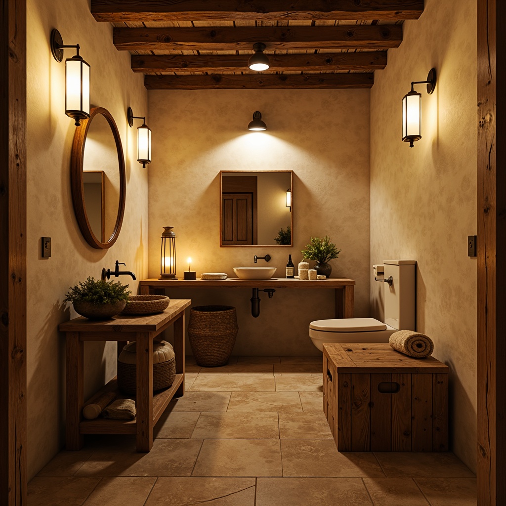 Prompt: Rustic powder room, warm beige walls, distressed wood accents, antique fixtures, soft candlelight, warm glow, golden lighting, decorative lanterns, wooden beam ceiling, natural stone flooring, earthy color palette, cozy atmosphere, subtle shadows, 3/4 composition, shallow depth of field, realistic textures, ambient occlusion.