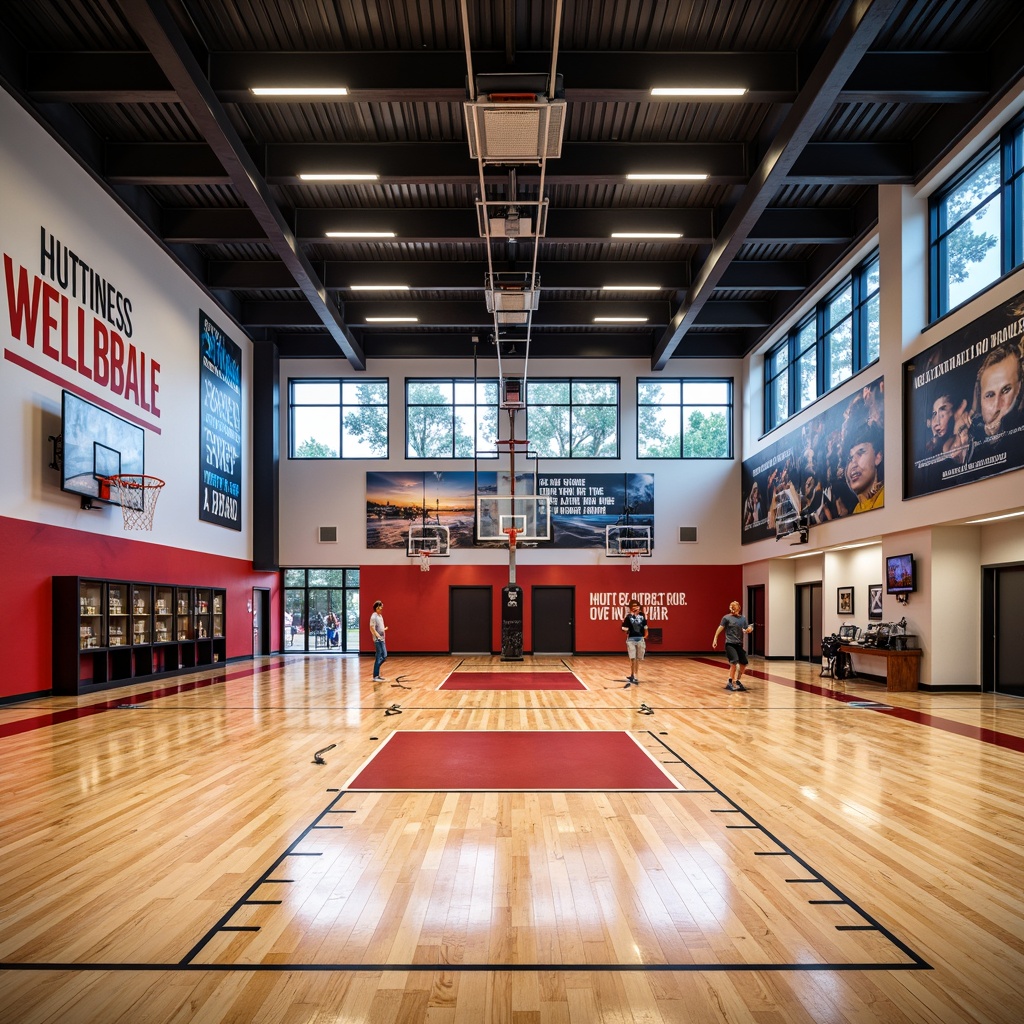 Prompt: Modern gymnasium interior, athletic atmosphere, high ceilings, polished wooden floors, accent walls with bold colors, motivational quotes, sports-themed murals, trophy display cases, basketball hoops, volleyball nets, exercise equipment, mirrored surfaces, LED lighting, dynamic shadows, shallow depth of field, 1/1 composition, realistic textures, ambient occlusion.