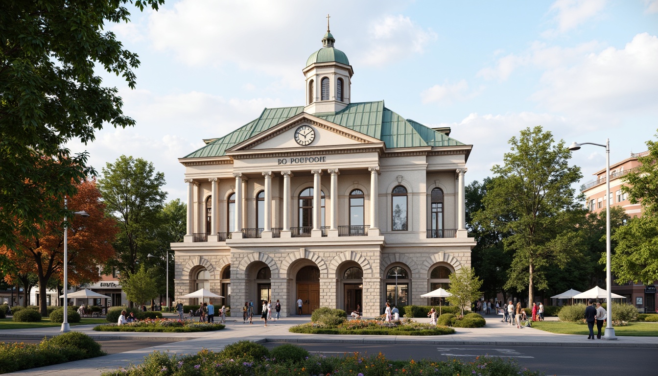 Prompt: Neoclassical public administration building, grand entrance, ornate columns, symmetrical facade, rusticated base, limestone walls, copper roofing, traditional clock tower, elegant archways, formal landscaping, manicured lawns, mature trees, vibrant flower beds, pedestrian walkways, urban context, morning sunlight, soft warm lighting, shallow depth of field, 1/1 composition, realistic textures, ambient occlusion.