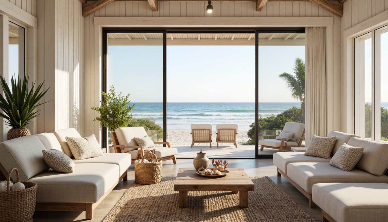 Prompt: Coastal living room, large windows, sliding glass doors, natural light pouring in, soft warm glow, ocean views, sandy beach, driftwood furniture, white shiplap walls, nautical ropes, woven sea grass baskets, coral-inspired decor, shells, pebbles, ocean breeze, airy atmosphere, 1/1 composition, high-key lighting, subtle textures, ambient occlusion.