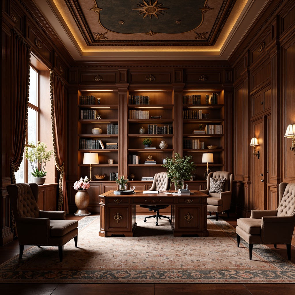 Prompt: Elegant home office, classic mahogany wood furniture, ornate carvings, luxurious leather upholstery, tufted velvet fabrics, golden hardware accents, traditional pedestal desks, comfortable high-back chairs, floor-to-ceiling bookshelves, rich walnut paneling, soft warm lighting, subtle shadows, 1/1 composition, realistic textures, atmospheric ambiance.