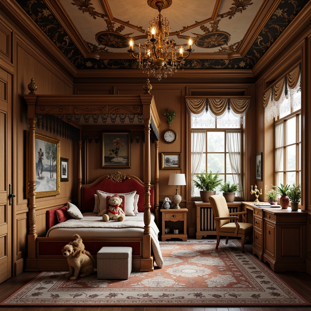 Prompt: Whimsical kids' room, rich wood tones, intricately carved furniture, velvet upholstery, ornate golden frames, plush toys, vintage-inspired wallpaper, soft warm lighting, cozy reading nook, regal four-poster bed, delicate lace curtains, antique-style desk, leather-bound books, ornamental clock, playful stuffed animals, intricate moldings, luxurious fabrics, 1/1 composition, shallow depth of field, warm color palette, soft focus.