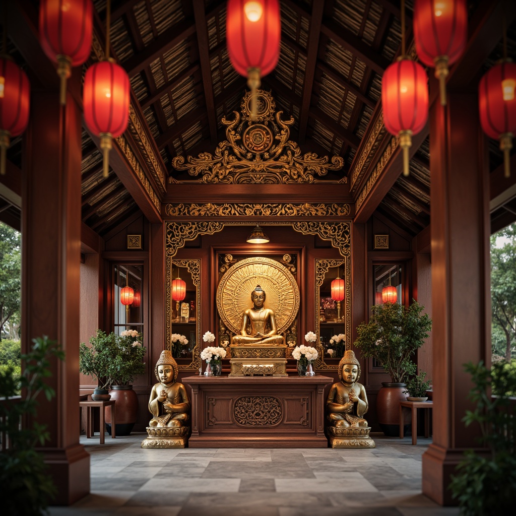 Prompt: \Intricate wooden altar, ornate carvings, golden accents, red lanterns, traditional Asian roofing tiles, incense burners, Buddha statues, serene ambiance, soft warm lighting, shallow depth of field, 3/4 composition, panoramic view, realistic textures, ambient occlusion, vibrant cultural patterns, symbolic motifs, peaceful atmosphere, natural stone flooring, subtle color palette, elegant simplicity.\