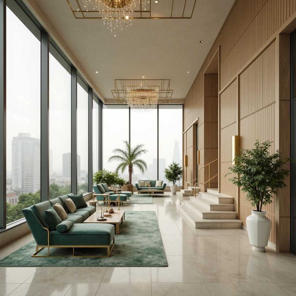 Prompt: Soft celadon hues, cream-colored walls, rich wood accents, elegant marble floors, luxurious velvet fabrics, metallic gold fixtures, crystal chandeliers, floor-to-ceiling windows, panoramic city views, modern minimalist decor, subtle Asian-inspired motifs, natural textiles, soft warm lighting, shallow depth of field, 1/1 composition, realistic renderings, ambient occlusion.