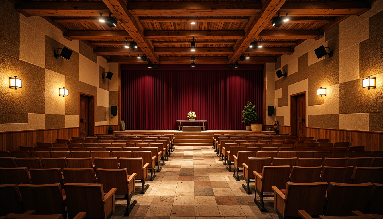 Prompt: Rustic performing arts center, reclaimed wood acoustic panels, earthy tone walls, natural stone flooring, wooden beam ceilings, vintage stage lights, plush red velvet curtains, wooden auditorium seats, ornate metal railings, warm golden lighting, shallow depth of field, 3/4 composition, realistic textures, ambient occlusion, cozy atmosphere, intimate setting, rustic charm, natural materials, earthy ambiance.