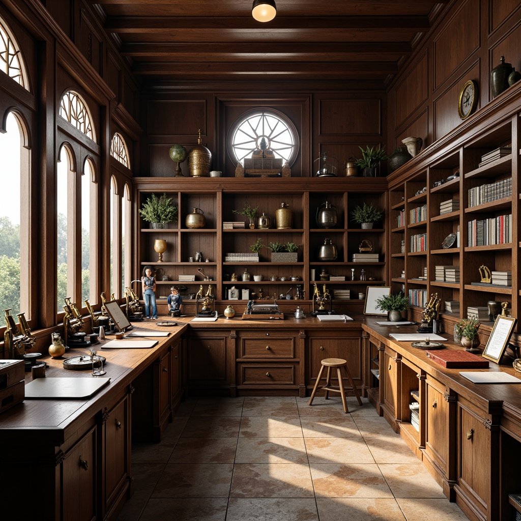 Prompt: Renaissance-style laboratory, rich wood tones, ornate carvings, antique scientific instruments, vintage microscopes, distressed leather-bound tomes, polished brass fixtures, decorative metalwork, stained glass windows, natural stone flooring, earthy color palette, warm soft lighting, shallow depth of field, 3/4 composition, realistic textures, ambient occlusion.