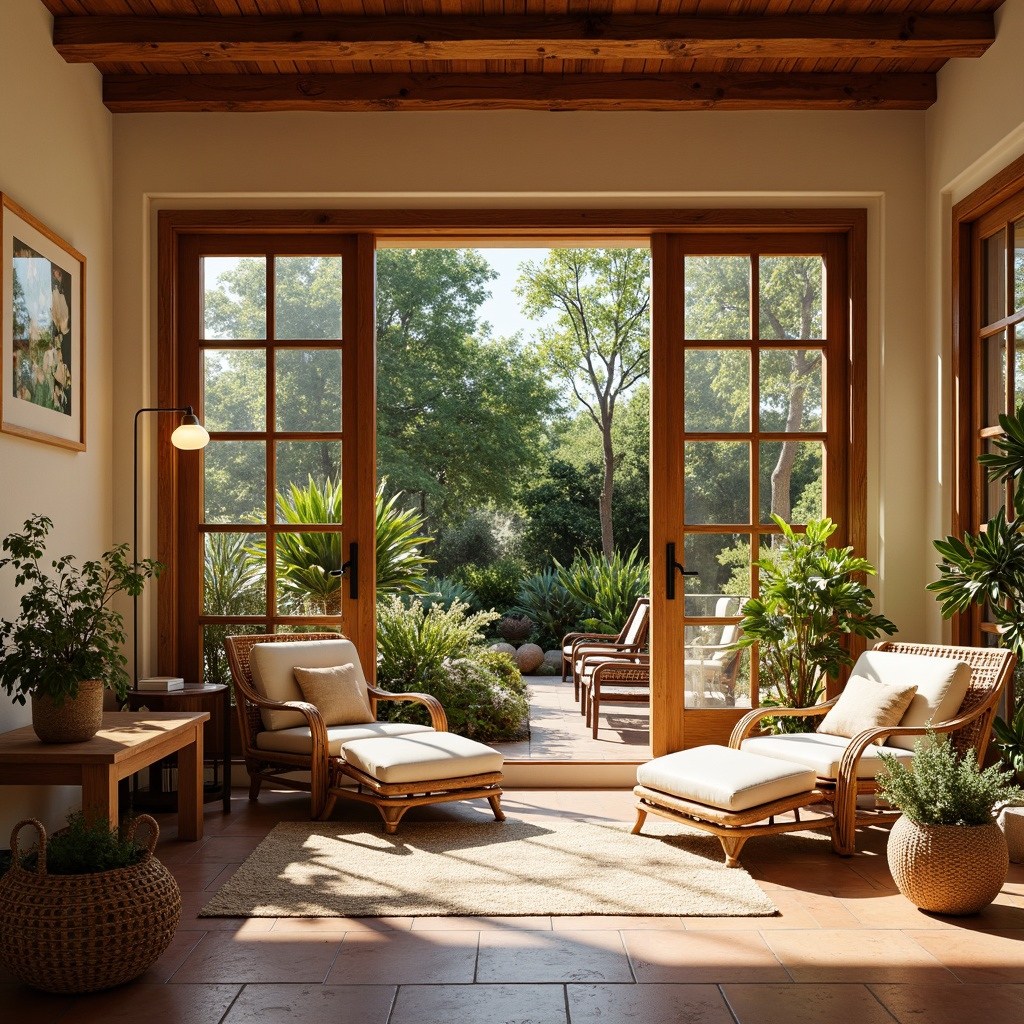 Prompt: Cozy sunroom, warm natural light, ceramic tiles, geometric pattern, earthy tones, terracotta accents, botanical prints, lush greenery, sliding glass doors, wooden beams, rustic wooden furniture, soft cushions, woven textiles, rattan decor, tropical plants, sunny afternoon, warm beige walls, creamy white trim, subtle texture contrast, 1/1 composition, realistic reflection.