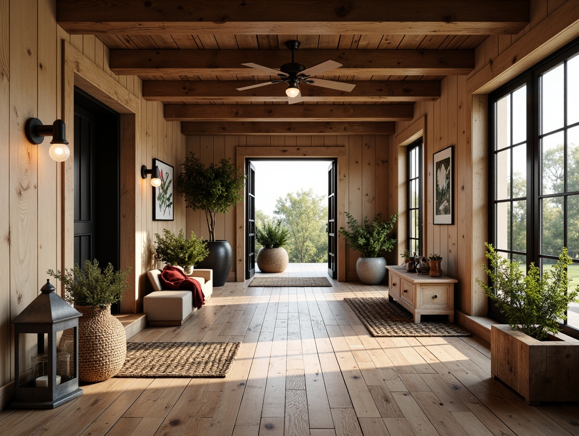 Prompt: Rustic farmhouse entrance, reclaimed wood flooring, distressed textures, warm earthy tones, natural stone accents, vintage decorative rugs, wooden beams, shiplap walls, modern industrial lighting, metal lanterns, botanical prints, woven baskets, cozy throw blankets, soft warm atmosphere, shallow depth of field, 2/3 composition, realistic reflections.