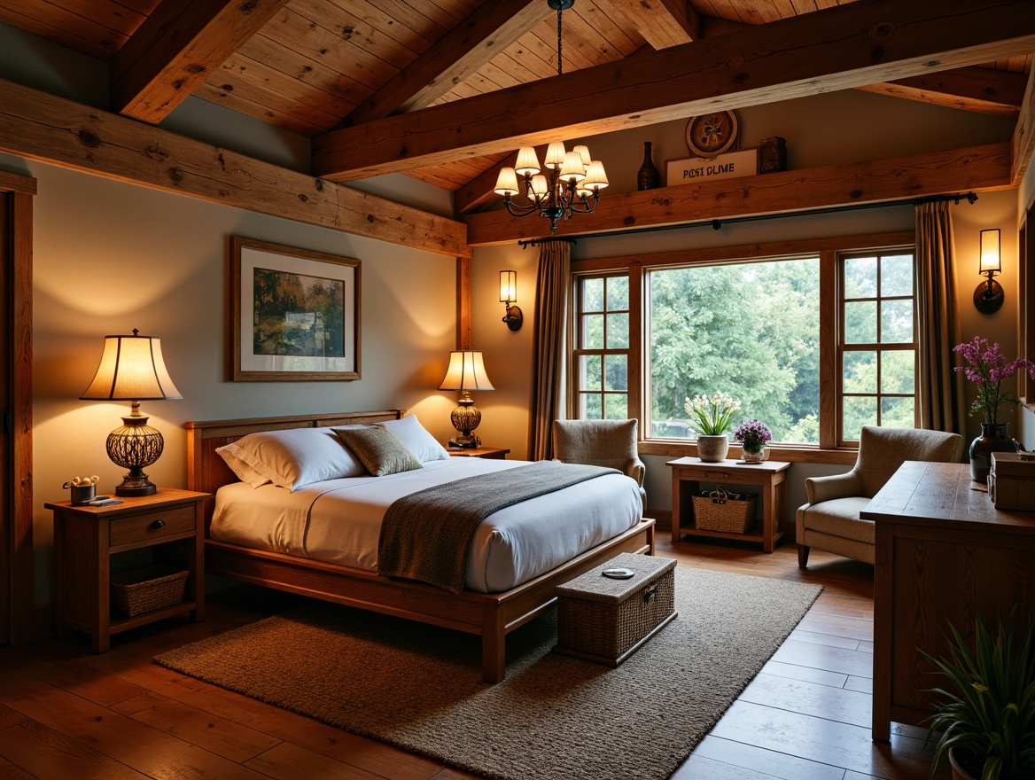 Prompt: Cozy craftsman bedroom, warm wooden furniture, rustic decor, earthy tones, soft warm lighting, table lamps with linen shades, floor lamps with wooden bases, wrought iron chandeliers, pendant lights with seeded glass, candle-style sconces, natural fabrics, woven baskets, vintage accessories, distressed wood accents, plush area rugs, comfortable reading nooks, relaxing ambiance, shallow depth of field, 1/1 composition, warm color palette, soft shadows, realistic textures.