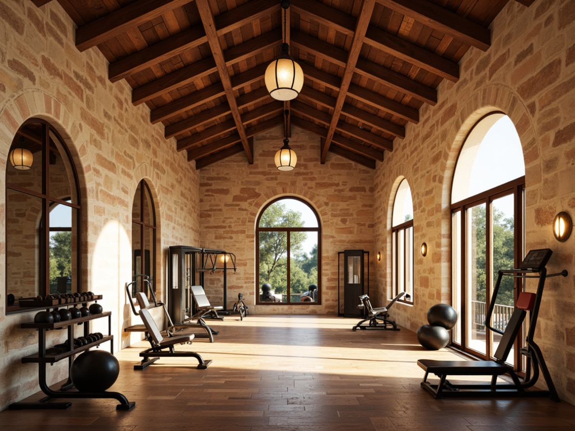 Prompt: Warm Mediterranean ambiance, natural stone walls, rustic wooden beams, large arched windows, soft warm lighting, LED floor lamps, indirect ceiling illumination, suspended lanterns, ambient occlusion, realistic textures, athletic equipment, exercise machines, free weights, mirrored walls, polished wooden floors, vaulted ceilings, ornate metalwork, earthy color palette, sunny day, shallow depth of field, 3/4 composition, panoramic view.