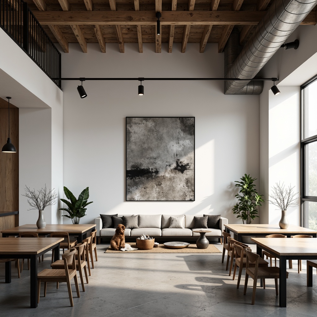 Prompt: Geometric shapes, industrial materials, monochromatic color scheme, minimalist decor, modernist architecture, rectangular tables, metal chairs, concrete floors, white walls, wooden accents, abstract artwork, functional lighting, warm ambiance, soft shadows, 1/1 composition, realistic textures, ambient occlusion.