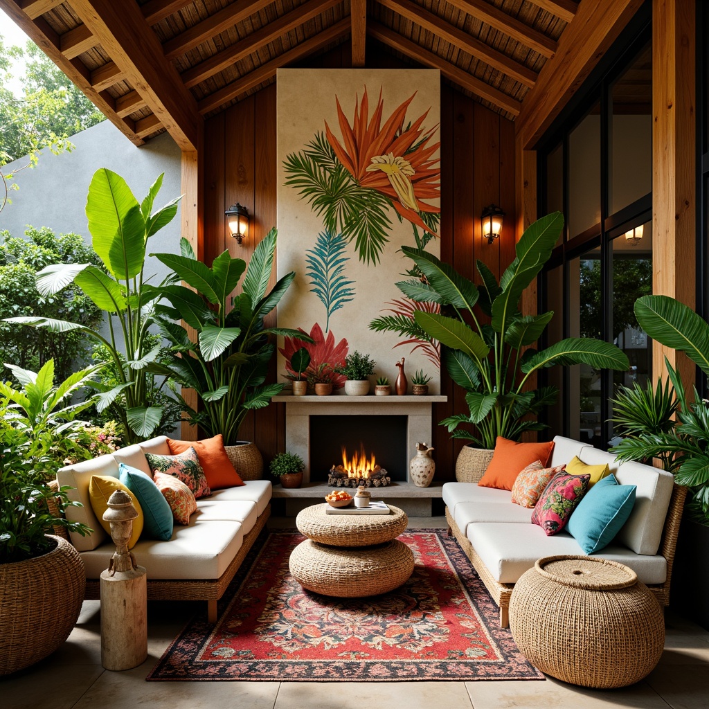 Prompt: Vibrant tropical colors, lush greenery, exotic flowers, natural textures, woven rattan furniture, intricately patterned rugs, colorful tiki torches, statement lighting fixtures, warm wooden accents, organic shapes, bold botanical prints, eclectic global inspirations, bohemian chic atmosphere, relaxed seating areas, plush throw pillows, natural fiber wall coverings, earthy tone color palette, 3/4 composition, shallow depth of field, warm soft lighting, realistic textures.