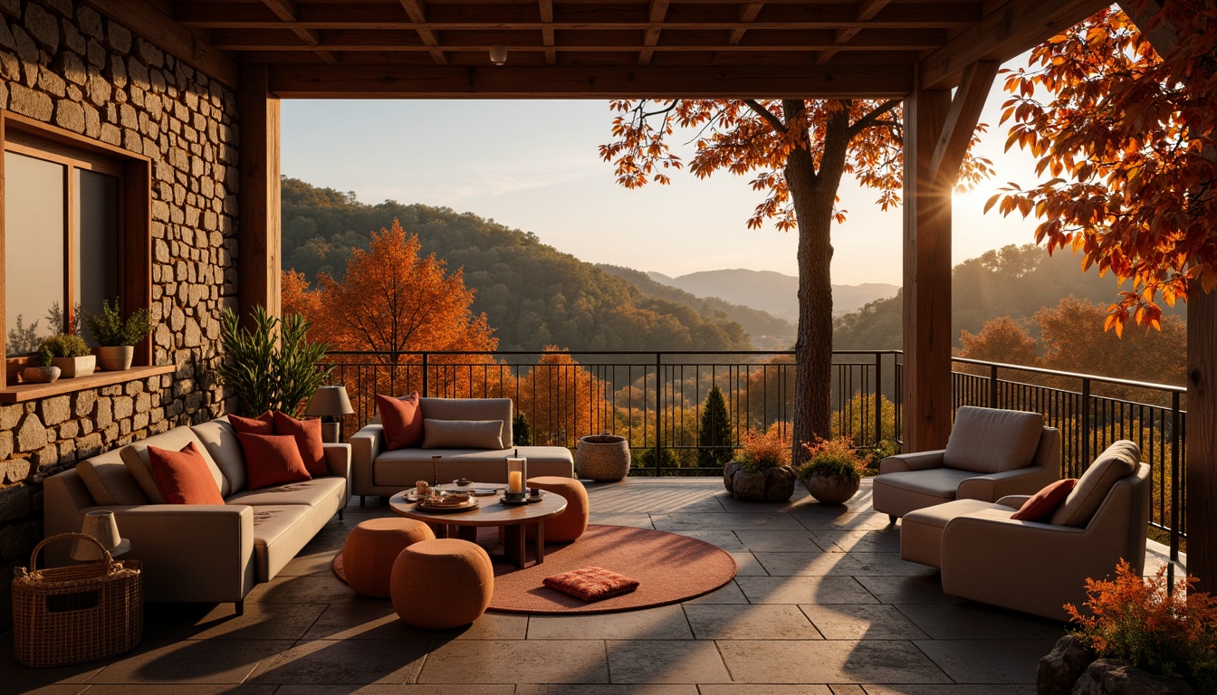 Prompt: Vibrant persimmon hues, warm golden tones, rich earthy undertones, rustic wooden accents, natural stone textures, cozy candlelit ambiance, intimate gathering spaces, plush throw blankets, woven baskets, autumnal forest landscapes, sun-kissed hillsides, soft diffused lighting, shallow depth of field, 1/2 composition, inviting atmosphere, realistic rendering, ambient occlusion.