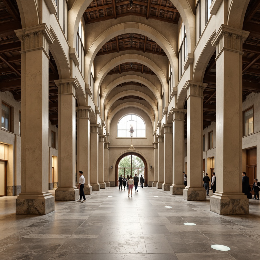 Prompt: Grand warehouse interior, neoclassical columns, ornate capitals, rusticated stone bases, polished marble floors, high ceilings, elegant archways, refined metal accents, sophisticated lighting fixtures, dramatic verticality, warm beige tones, subtle texture variations, 1/2 composition, symmetrical framing, softbox lighting, realistic reflections.