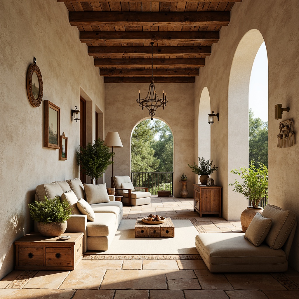 Prompt: Warm Mediterranean villa, rustic stone walls, arched windows, ornate tile floors, plush furnishings, natural linen fabrics, distressed wood accents, vintage decorative items, lush greenery, potted plants, soft warm lighting, shallow depth of field, 3/4 composition, panoramic view, realistic textures, ambient occlusion, airy open space, high ceilings, minimal ornamentation, creamy white walls, weathered wood beams, elegant chandeliers, curved staircases.