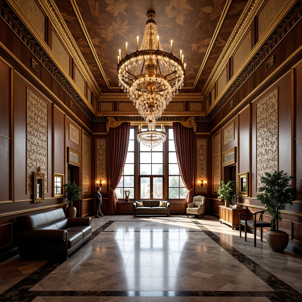 Prompt: Luxurious school interior, ornate details, metallic accents, geometric patterns, glossy wood paneling, polished marble floors, lavish chandeliers, stylized motifs, vintage furniture, curved lines, symmetrical compositions, rich textures, bold color schemes, dramatic lighting effects, high-contrast shadows, shallow depth of field, 1/2 composition, realistic reflections, ambient occlusion.