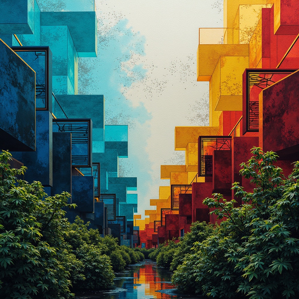 Prompt: Vibrant artistic composition, Prussian blue dominant color, warm golden accents, rich turquoise undertones, soft creamy whites, deep crimson reds, lush green foliage, abstract expressionist brushstrokes, textured impasto surfaces, bold geometric shapes, intricate patterns, atmospheric misty lighting, shallow depth of field, 1/2 composition, realistic textures, ambient occlusion.