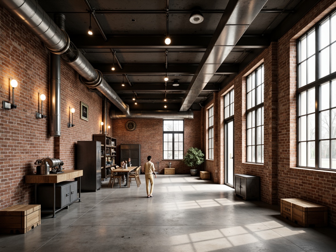 Prompt: Exposed brick walls, industrial metal beams, reclaimed wood accents, distressed metal fixtures, vintage machinery parts, Edison bulb lighting, urban loft atmosphere, converted warehouse space, modern industrial design, steel window frames, metal grid ceilings, polished concrete floors, rustic wooden crates, functional pipes, minimalist decor, high ceiling, natural light pouring in, shallow depth of field, 3/4 composition, realistic textures, ambient occlusion.