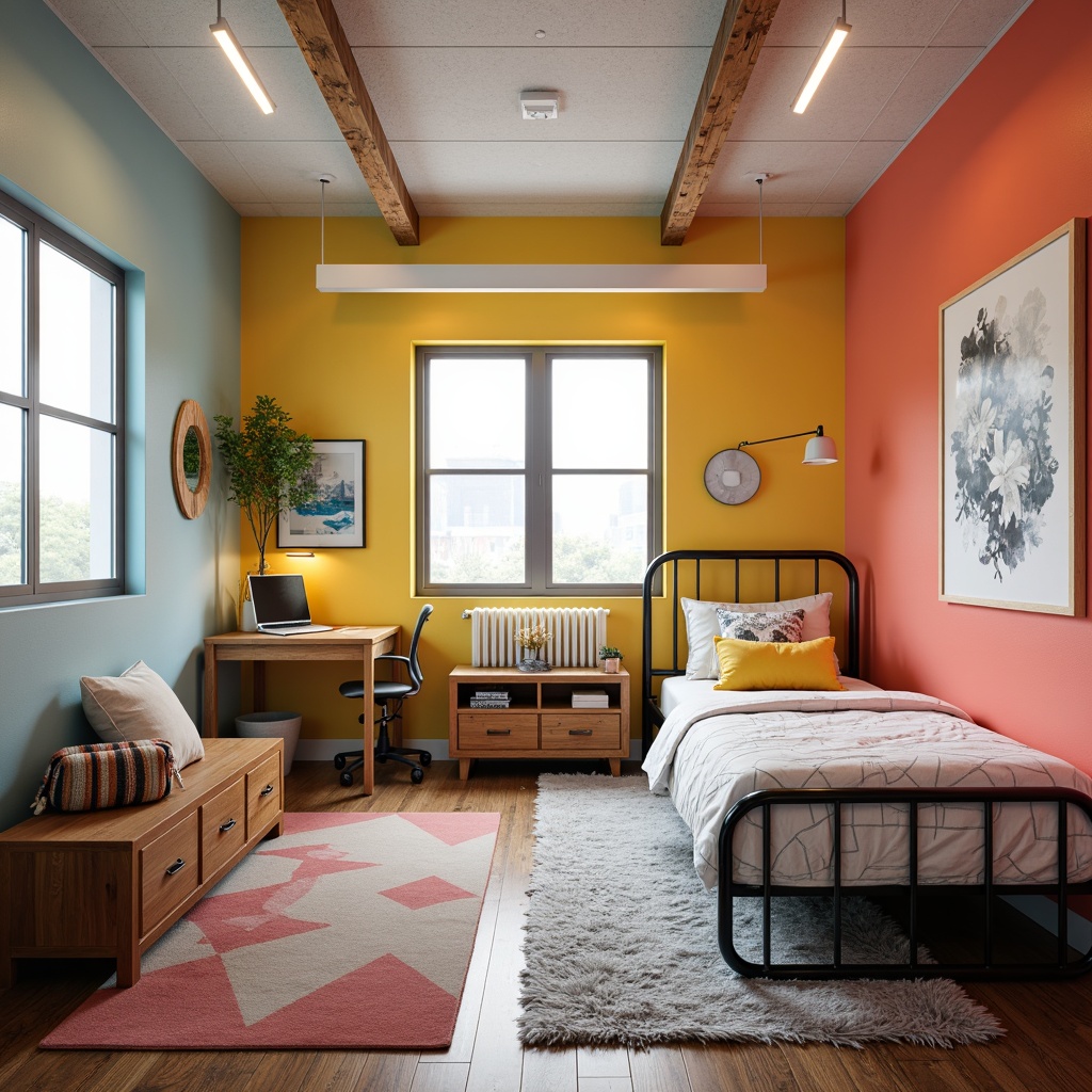 Prompt: Vibrant college dorm, bold accent walls, pastel-colored furniture, minimalistic decor, industrial-style lighting, metal frame beds, reclaimed wood accents, soft area rugs, modern abstract artwork, geometric-patterned bedding, calm ambiance, warm task lighting, 1/2 composition, shallow depth of field, realistic textures, ambient occlusion.