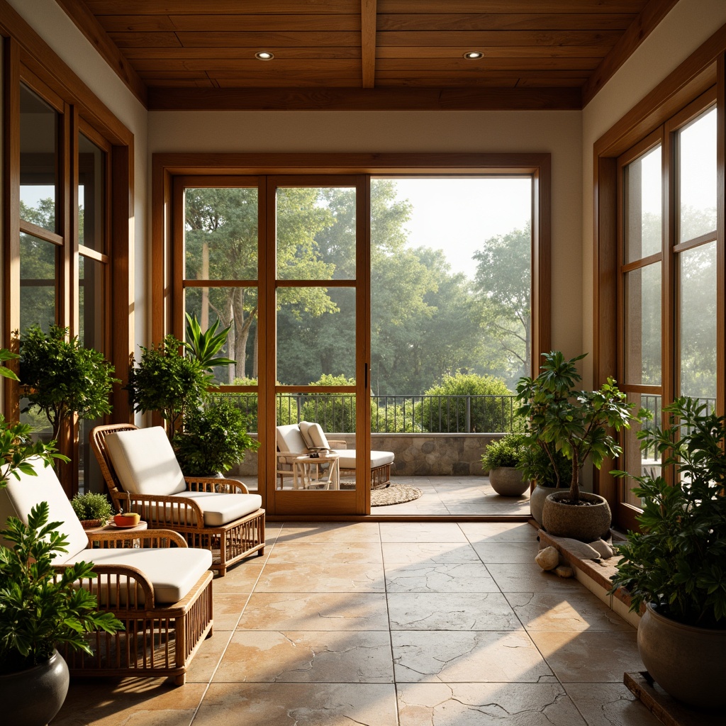 Prompt: Warm sunroom ambiance, natural stone flooring, hexagonal tiles pattern, earthy color palette, lush greenery, floor-to-ceiling windows, sliding glass doors, minimal decor, rattan furniture, plush cushions, ambient lighting, soft warm glow, morning sunlight, 1/1 composition, shallow depth of field, realistic textures, subtle shadows.