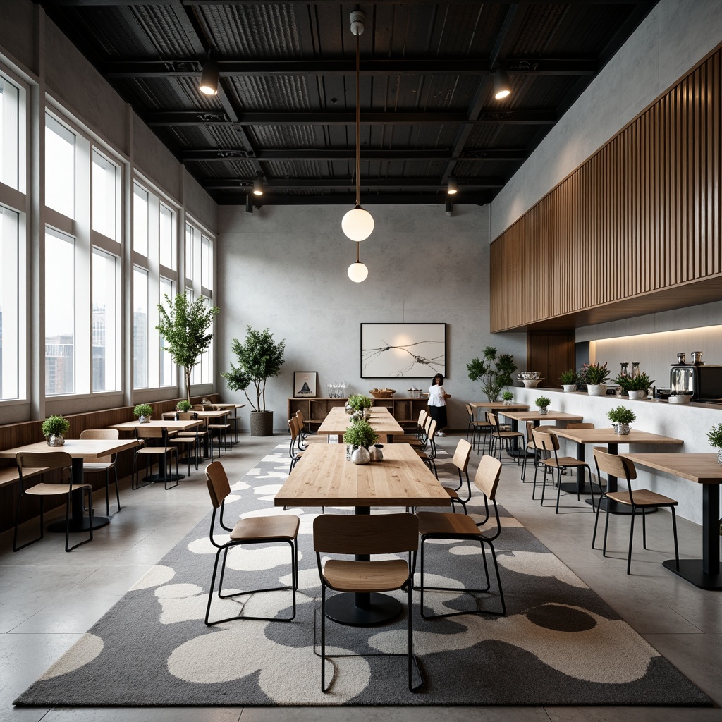 Prompt: Minimalist dining hall, industrial-chic atmosphere, rectangular tables, tubular steel chairs, geometric-patterned rugs, monochromatic color scheme, functional lighting fixtures, sleek wooden cabinetry, metallic accents, clean lines, minimal ornamentation, open space layout, functional simplicity, daylight pouring in, 1/1 composition, high-contrast textures, ambient occlusion.