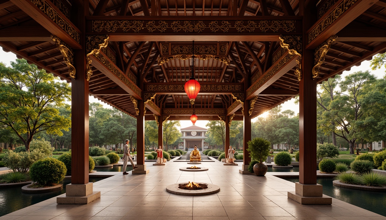 Prompt: Intricate wooden carvings, ornate golden accents, serene Buddhist statues, gentle candlelight, warm beige stone flooring, traditional Asian roof tiles, grand entrance gates, lush greenery surroundings, peaceful water features, vibrant red lanterns, delicate paper lanterns, soft diffused lighting, shallow depth of field, 1/1 composition, realistic textures, ambient occlusion.