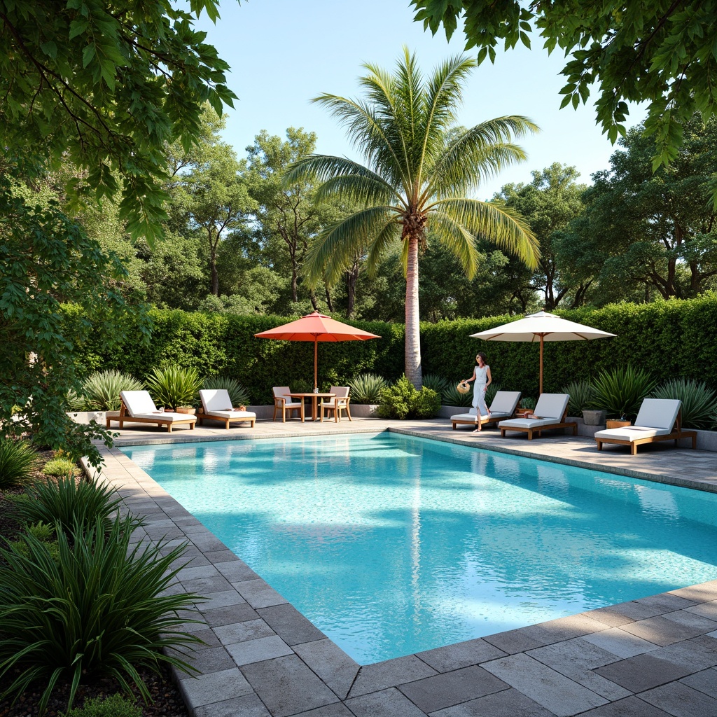 Prompt: Serene backyard oasis, sparkling blue pool water, lush greenery, vibrant tropical plants, natural stone coping, wooden deck chairs, colorful outdoor umbrellas, refreshing misting systems, warm sunny day, soft gentle lighting, shallow depth of field, 1/1 composition, realistic textures, ambient occlusion.