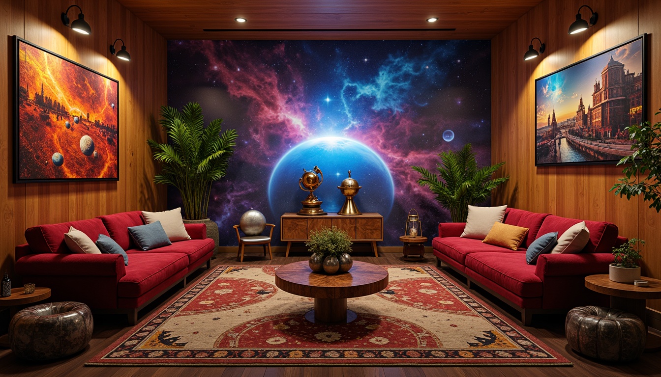 Prompt: Vibrant planetarium interior, eclectic furniture arrangement, plush velvet sofas, metallic accent chairs, reclaimed wood coffee tables, glowing nebula-inspired lighting fixtures, constellation-patterned rugs, celestial body-shaped decorative accents, retro-futuristic console tables, vintage astronomy equipment displays, richly textured throw blankets, astronomy-themed artwork, warm ambient glow, 1/1 composition, shallow depth of field, cinematic color grading.