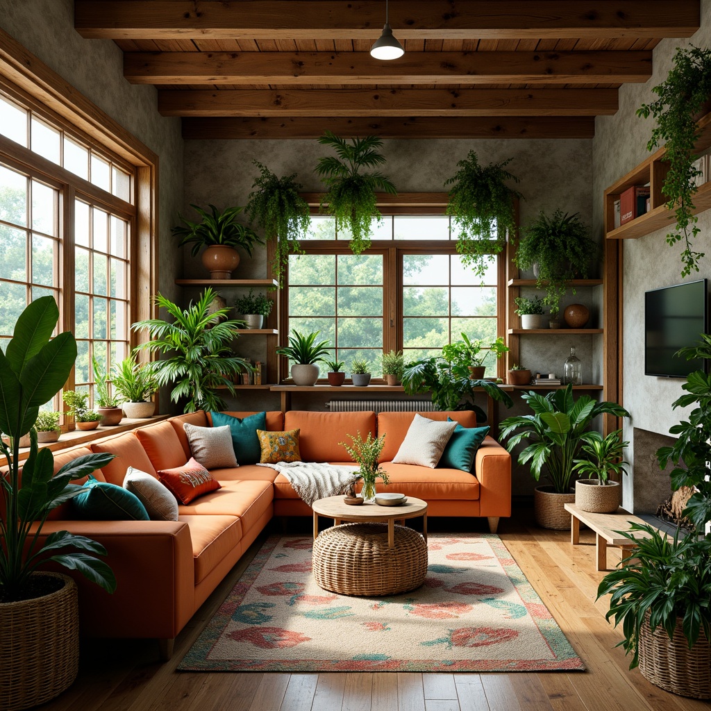 Prompt: Vibrant living room, lush greenery, potted plants, natural textures, woven baskets, wooden furniture, earthy tones, warm lighting, cozy atmosphere, plush sofas, colorful throw pillows, rustic wooden shelves, tropical leaf patterns, delicate flower vases, soft background music, gentle breezes, 1/1 composition, intimate camera angle, soft focus, realistic plant renderings.