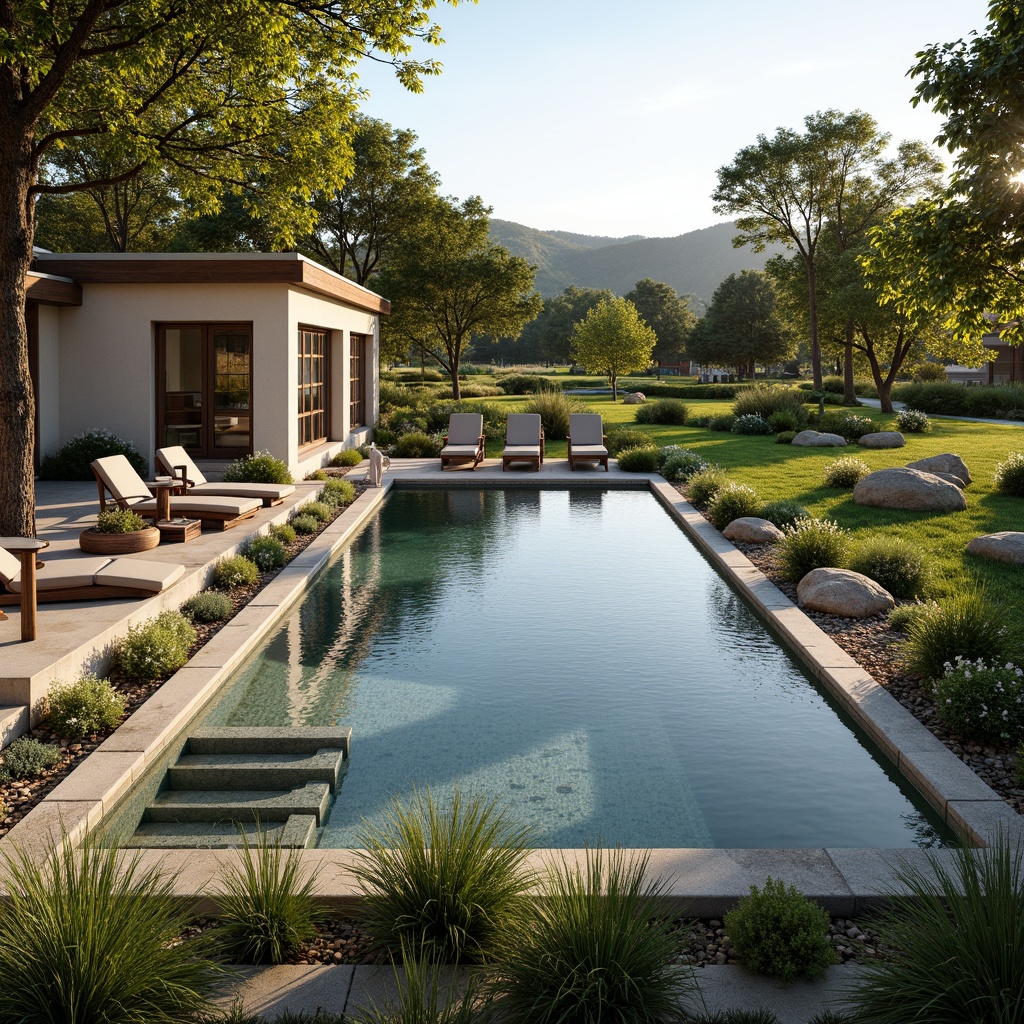 Prompt: Rustic farmhouse pool, natural stone coping, wooden deck, vintage outdoor furniture, soft cushioning, lush greenery, blooming flowers, tranquil water features, serene countryside landscape, sunny afternoon, warm golden lighting, shallow depth of field, 3/4 composition, panoramic view, realistic textures, ambient occlusion.