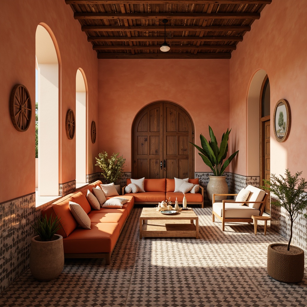 Prompt: Warm persimmon hues, rich burnt orange tones, soft peach undertones, creamy whites, deep charcoal grays, natural wood textures, woven rattan furniture, Moroccan-inspired geometric patterns, intricate tile work, cozy atmospheric lighting, shallow depth of field, 1/2 composition, realistic reflections, ambient occlusion.