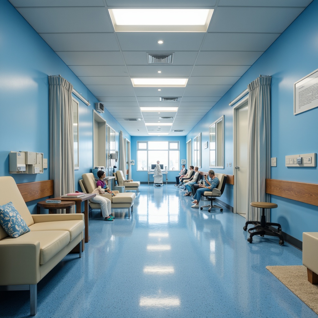 Prompt: Sterile hospital corridors, calming blue walls, glossy epoxy floors, soft LED lighting, antimicrobial surface coatings, durable stainless steel furniture, comfortable patient beds, ergonomic medical equipment, noise-reducing acoustic panels, natural wood accents, airy waiting areas, circular nurse stations, transparent glass partitions, hygienic PVC wall coverings, warm beige tones, gentle curves, minimalist decor, abundant natural light, shallow depth of field, 1/2 composition.