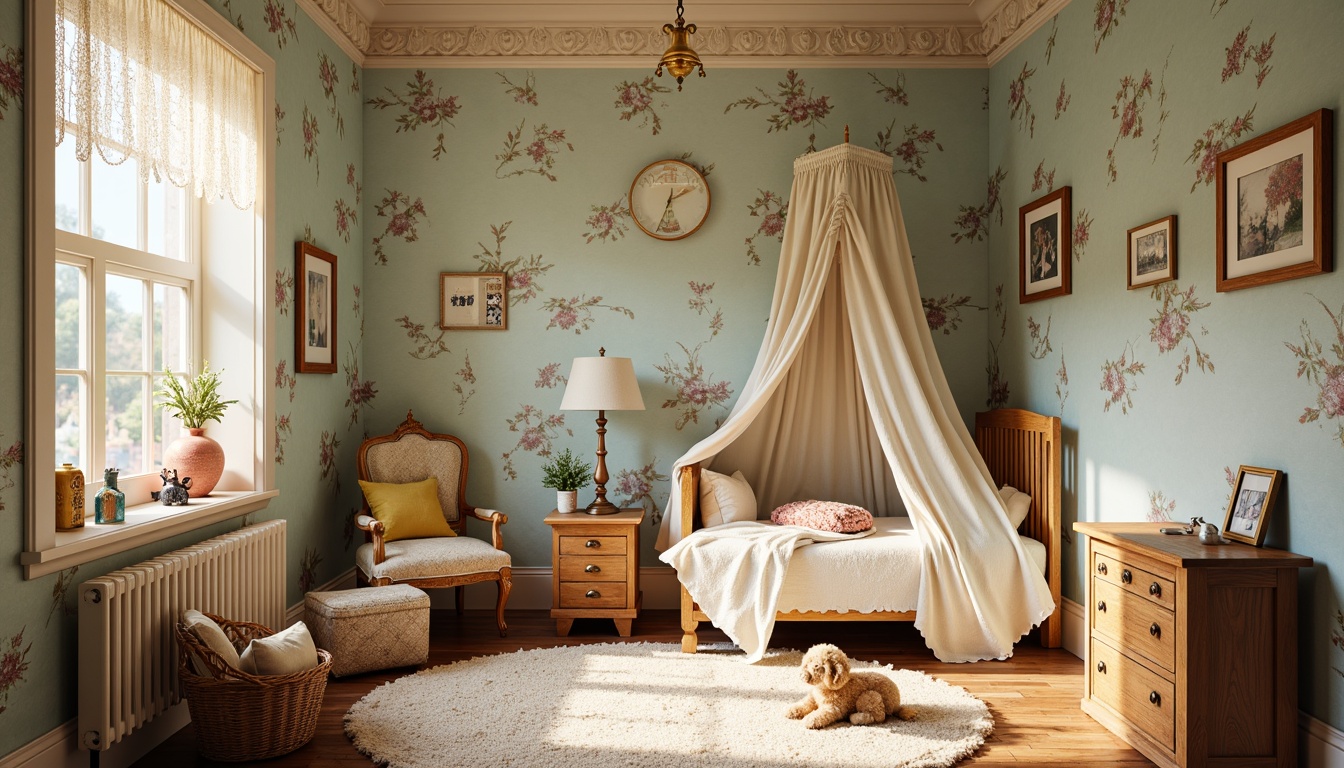 Prompt: Whimsical kid's room, Victorian-era inspired decor, soft pastel colors, ornate moldings, decorative trim, floral patterns, distressed finishes, textured wallpaper, stenciled designs, whimsy illustrations, vintage toys, antique furniture, rich wood tones, plush area rugs, delicate lace curtains, warm golden lighting, shallow depth of field, 1/1 composition, realistic textures.