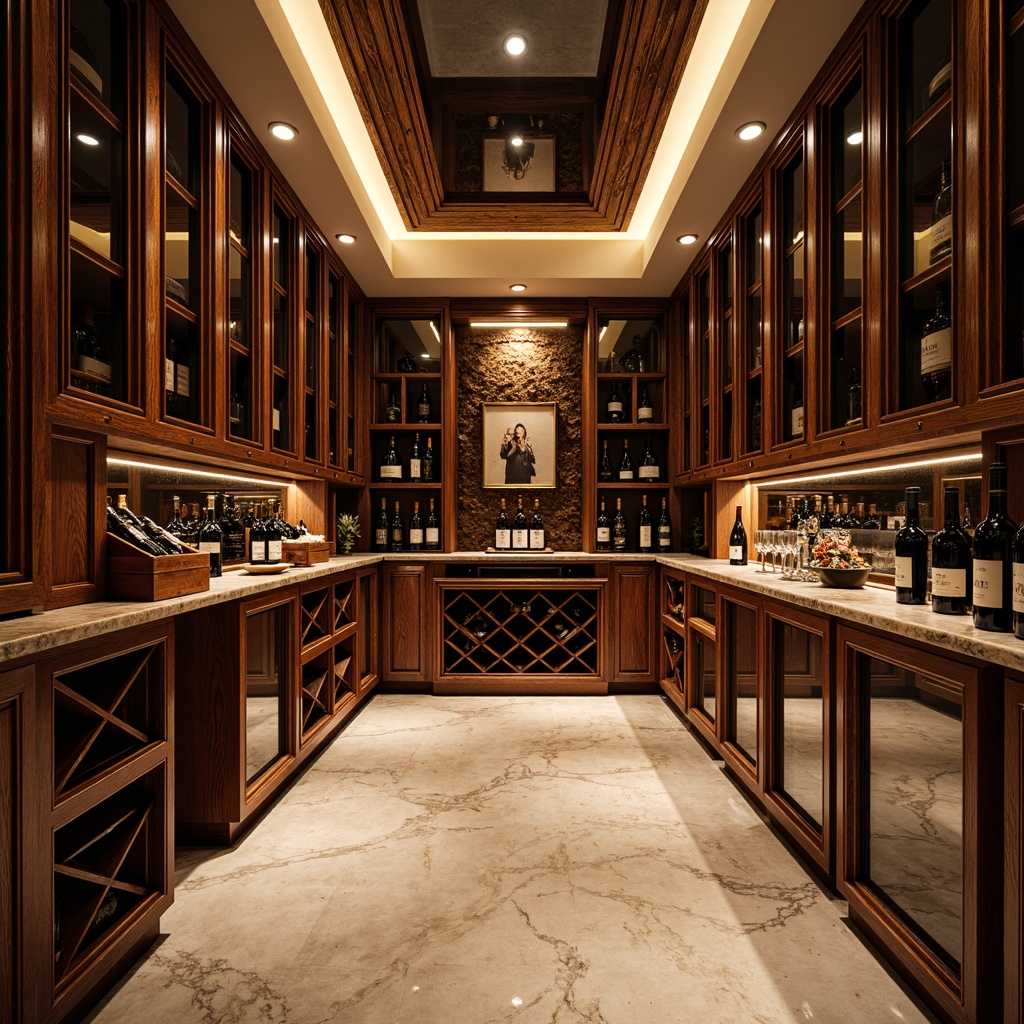 Prompt: Luxurious wine cellar, Art Deco style, ornate metalwork, rich wood tones, polished marble floors, ambient dim lighting, elegant shelving solutions, curved glass doors, chrome accents, intricate geometric patterns, sophisticated climate control systems, humidification units, temperature-controlled environments, rare wine collections, premium wine storage, bespoke wooden crates, velvet-lined drawers, soft warm glow, shallow depth of field, 1/1 composition, realistic textures, ambient occlusion.