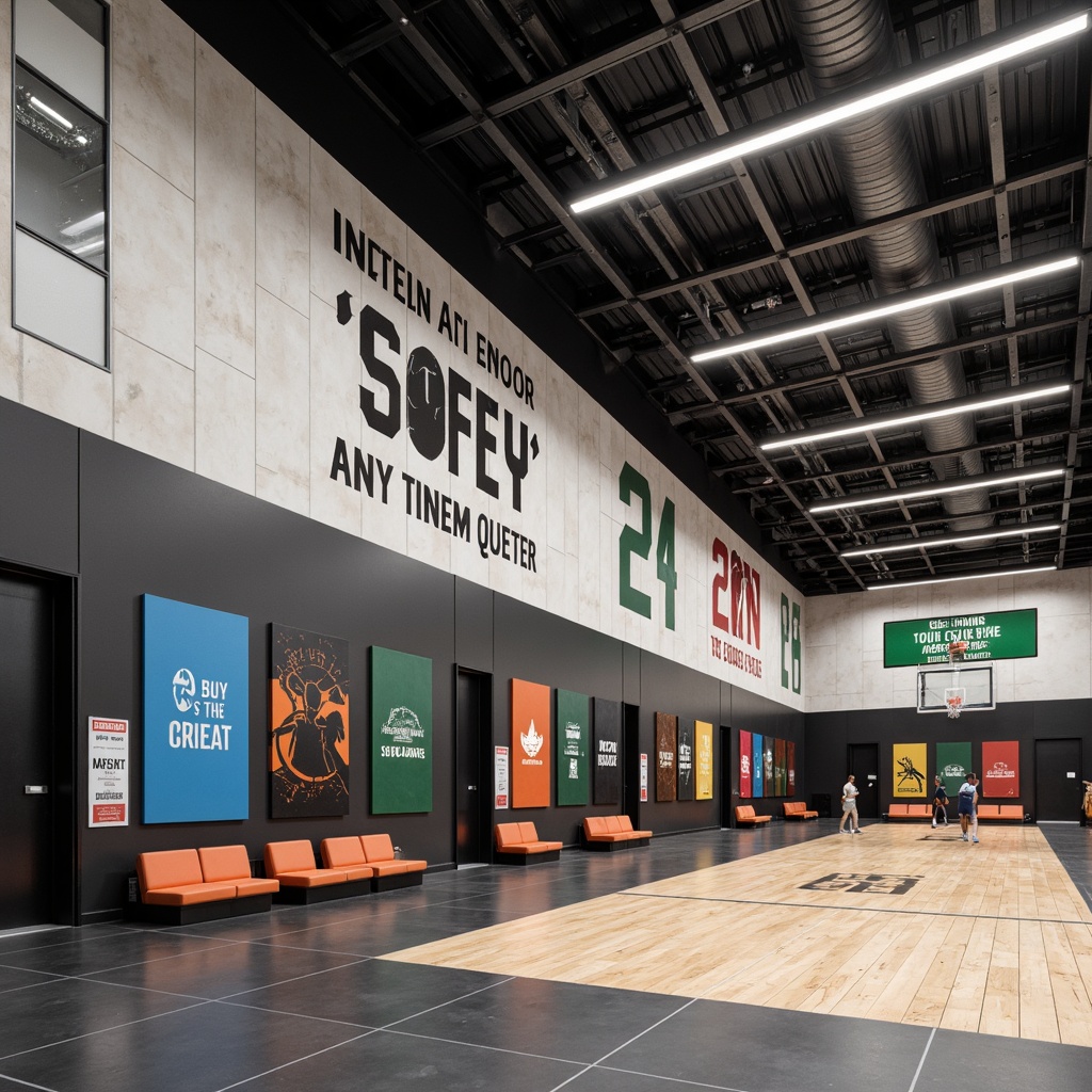 Prompt: Modern gymnasium interior, sports-themed wall decals, matte finish paint, textured concrete walls, industrial-style metal cladding, bold color schemes, high-gloss epoxy coatings, reflective acrylic surfaces, dynamic LED lighting, stadium seating, athletic equipment, motivational quotes, urban loft ambiance, open ceiling design, polished concrete floors, sleek aluminum trim, contemporary minimalism, functional simplicity.