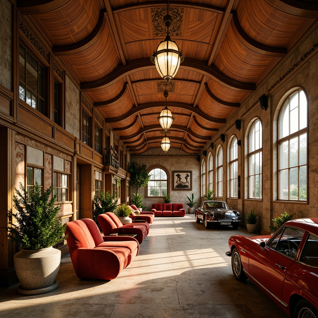 Prompt: Elegant Art Nouveau garage interior, sinuous curved lines, flowing organic forms, ornate metalwork details, luxurious velvety fabrics, rich wood tones, warm golden lighting, soft ambient shadows, 1/1 composition, shallow depth of field, realistic textures, subtle reflections, intricate geometric patterns, natural stone walls, vintage car displays, polished chrome accents, ornamental botanical motifs.