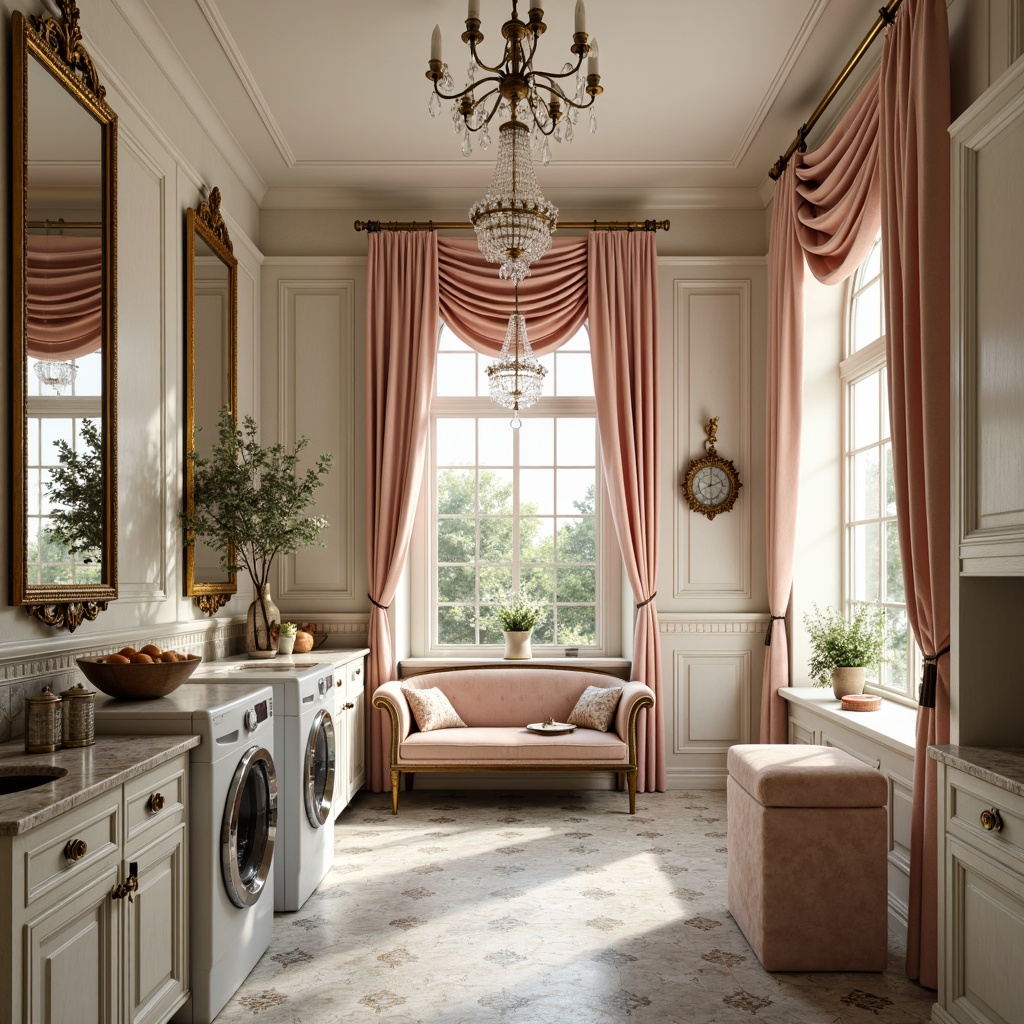 Prompt: Ornate laundry room, soft pastel colors, delicate florals, curved lines, intricate moldings, luxurious fabrics, velvet drapes, golden accents, crystal chandeliers, marble countertops, ornamental mirrors, distressed wood cabinets, gilded frames, subtle sheen finishes, warm soft lighting, shallow depth of field, 1/2 composition, romantic ambiance, whimsical patterns.