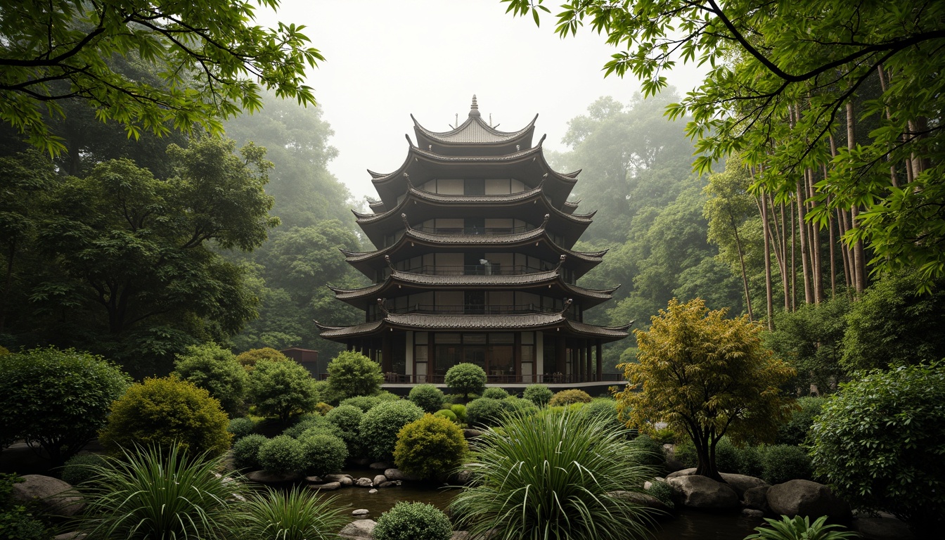 Prompt: Traditional Asian pagoda, lush greenery, exotic plants, intricately carved wood accents, curved tile roofs, natural stone walls, bamboo forest surroundings, misty morning atmosphere, soft warm lighting, shallow depth of field, 1/1 composition, realistic textures, ambient occlusion.