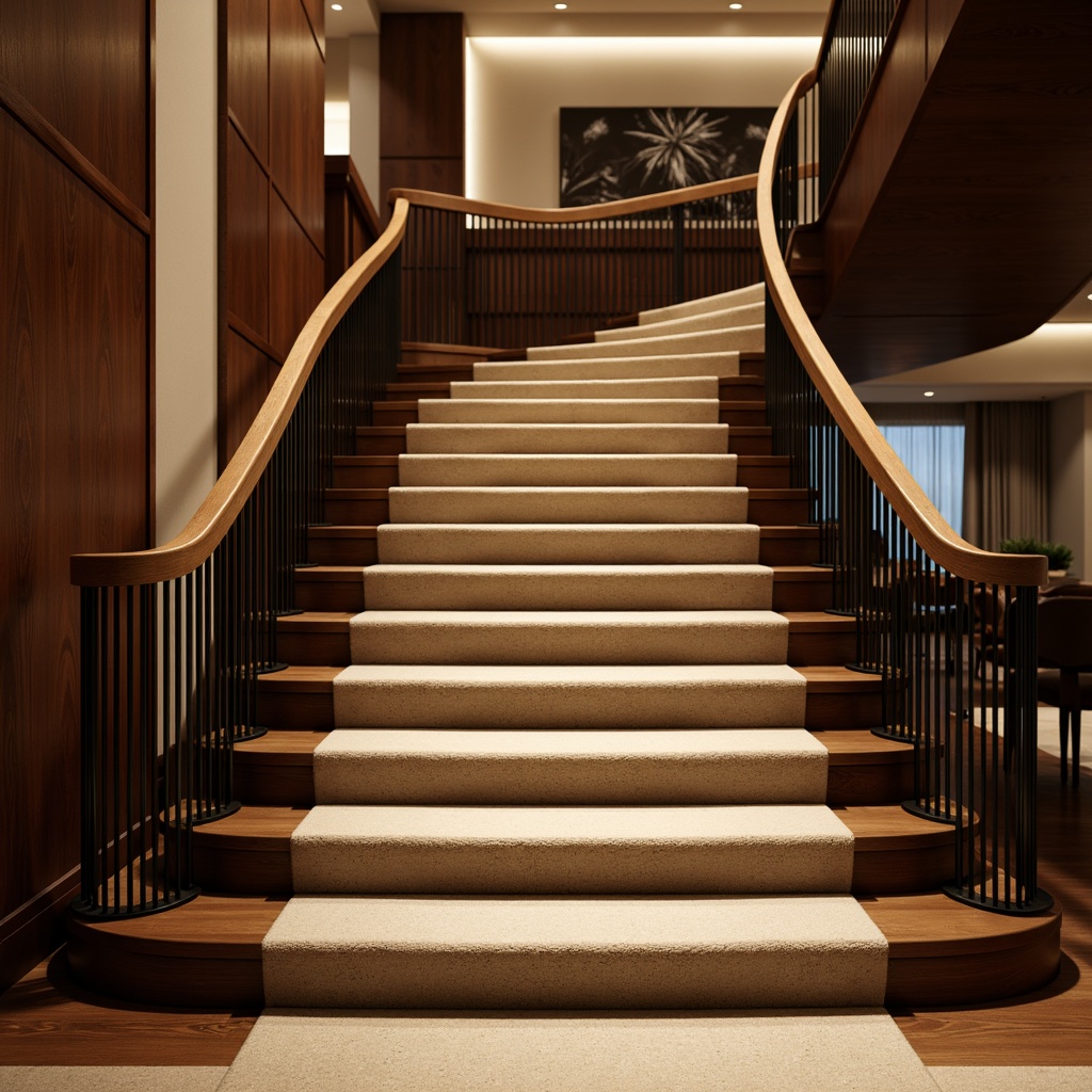 Prompt: Grand staircase, luxurious carpeted steps, richly textured wool fibers, soft warm beige tones, elegant curved banister, polished wooden handrails, ornate metal spindles, sophisticated high-gloss finish, dramatic ambient lighting, atmospheric shadows, 1/1 composition, realistic reflections.