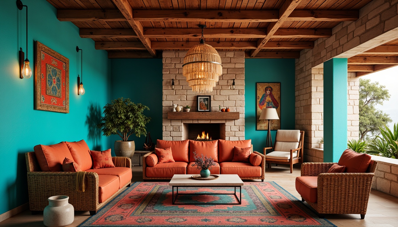 Prompt: Vibrant turquoise accents, earthy terracotta tones, woven wicker furniture, plush velvet upholstery, ornate metalwork, distressed wood finishes, rustic wooden beams, natural stone walls, colorful Navajo-inspired patterns, geometric tile inlays, warm bronze lighting fixtures, soft ambient glow, shallow depth of field, 1/1 composition, realistic textures, ambient occlusion.