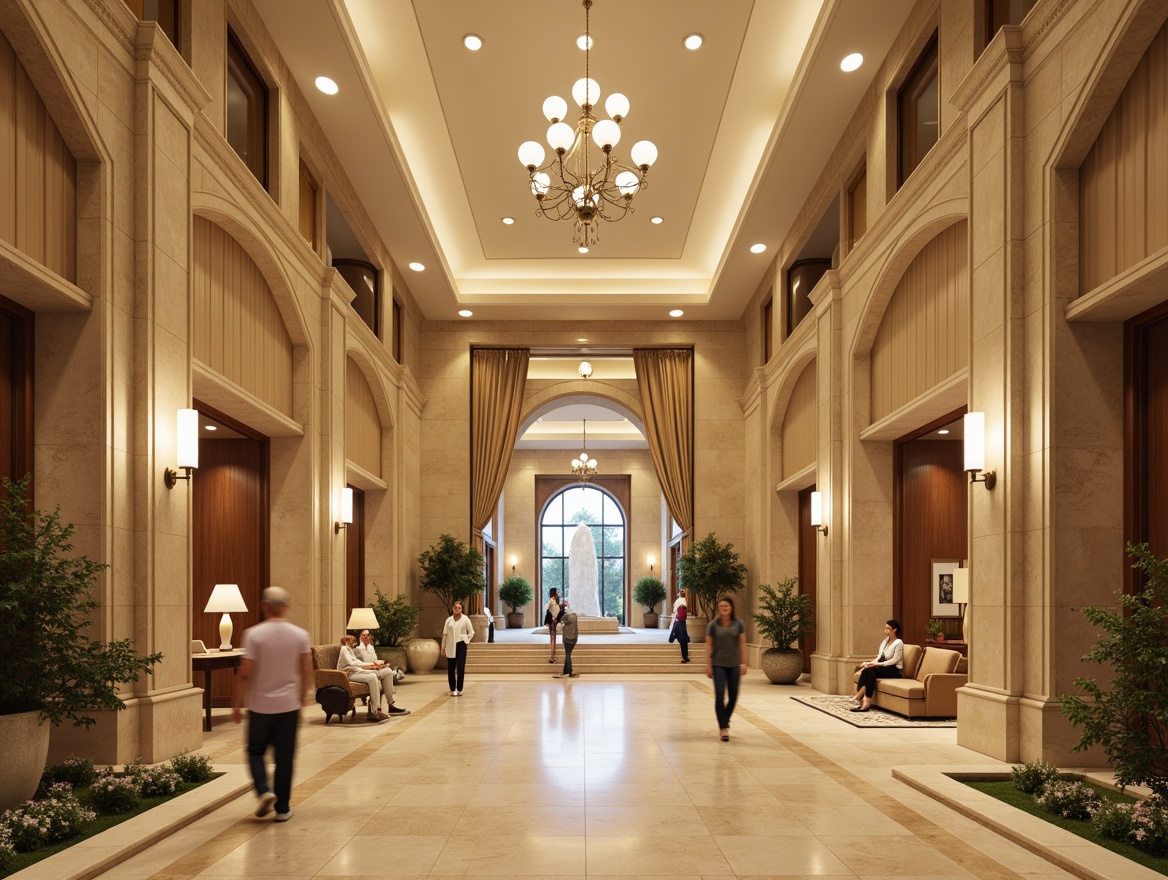 Prompt: Grandiose hospital entrance, ornate columns, symmetrical fa\u00e7ade, soft warm lighting, creamy marble floors, elegant chandeliers, subtle archways, refined stucco walls, luxurious velvet drapes, polished wooden accents, serene waiting areas, natural stone water features, gentle fountain sounds, warm beige color scheme, classic Greek-inspired motifs, subtle ornate moldings, dignified nurse stations, comfortable patient rooms, soothing ambient lighting, 1/2 composition, realistic textures, soft focus effect.