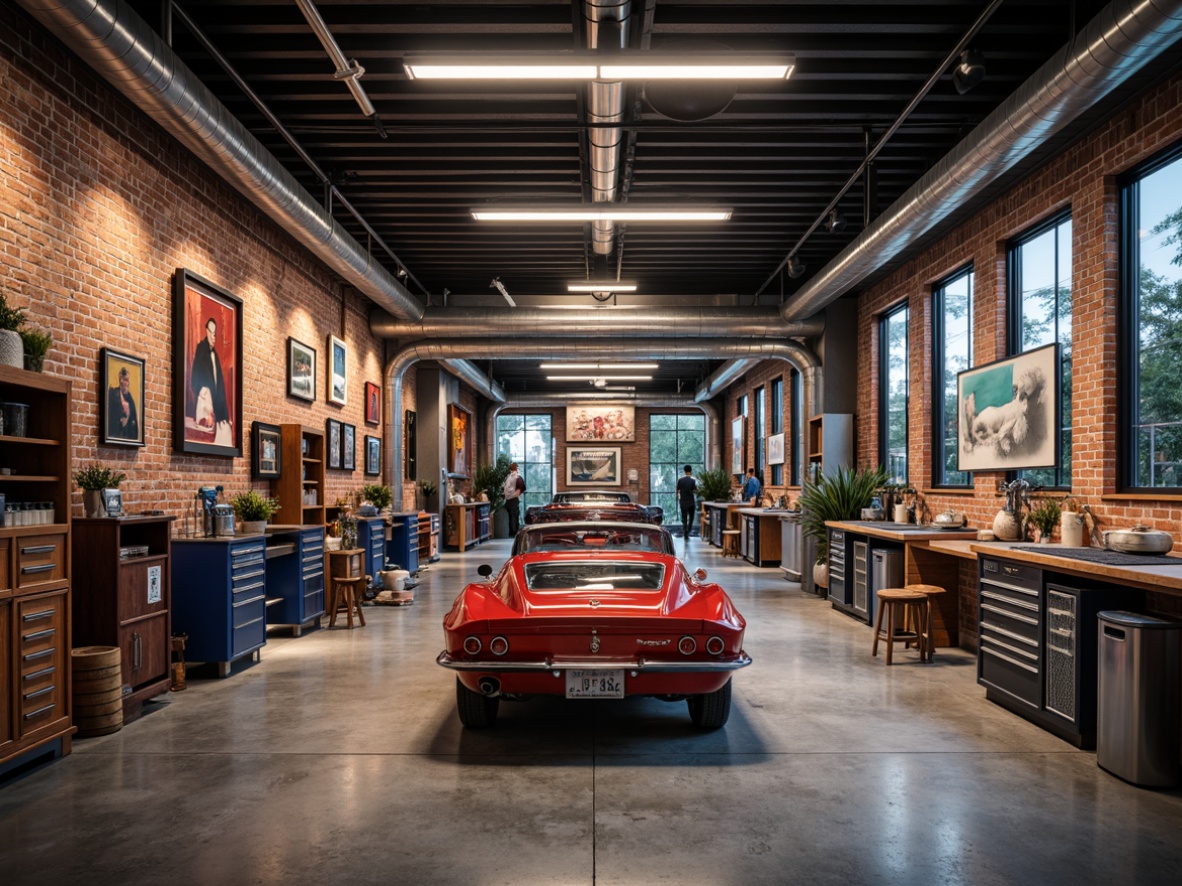 Prompt: Industrial-chic garage, exposed brick walls, metallic accents, sleek modern lighting, polished concrete floors, bold color scheme, deep blues, rich reds, warm neutrals, earthy tones, rustic wood textures, vintage car displays, tool chests, metalworkbenches, epoxy resin coatings, glossy finishes, warm ambient lighting, shallow depth of field, 1/1 composition, realistic reflections.