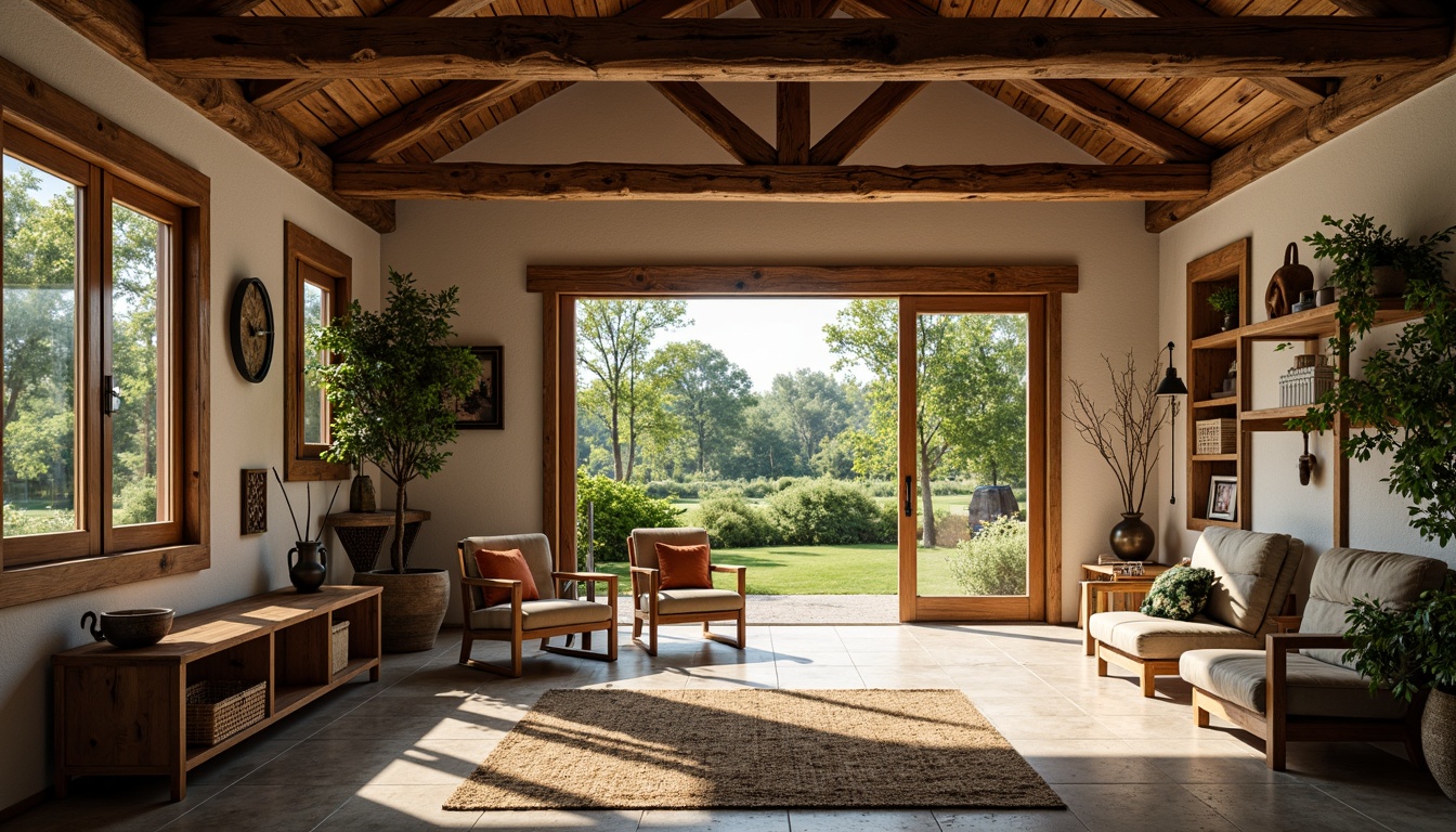 Prompt: Rustic farmhouse interior, high ceilings, wooden beams, natural stone walls, vintage farm tools, distressed wood furniture, earthy color palette, woven textiles, pendant lighting, large windows, sliding glass doors, lush greenery views, sunny day, soft warm lighting, shallow depth of field, 3/4 composition, panoramic view, realistic textures, ambient occlusion.