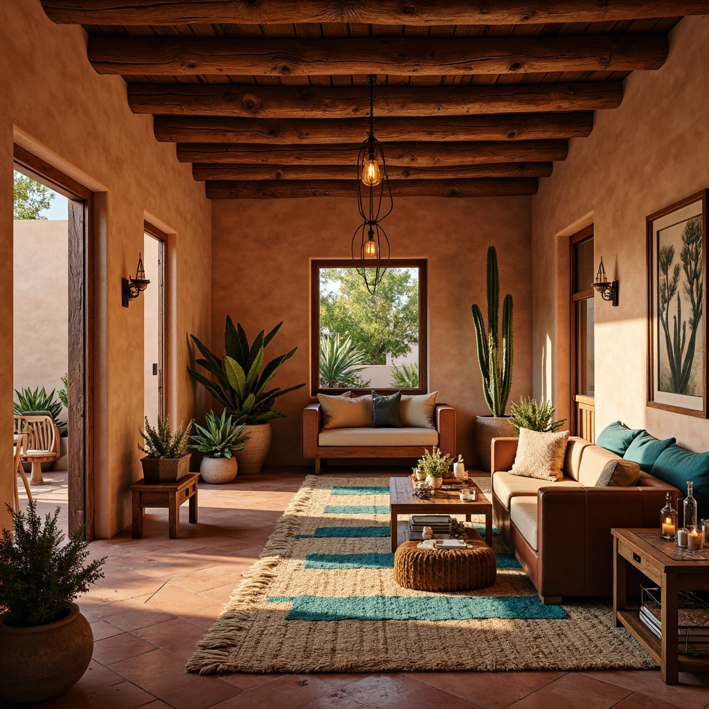 Prompt: Southwestern-inspired interior, rustic wooden ceiling beams, earthy terracotta floors, adobe-style walls, vibrant turquoise accents, woven Native American patterned textiles, distressed leather furniture, wrought iron lighting fixtures, lantern-style pendant lights, candle-lit ambiance, warm golden glow, soft shadows, cozy nooks, natural fiber rugs, potted cacti, desert botanicals, sunset-inspired color palette, 1/2 composition, shallow depth of field, realistic textures.