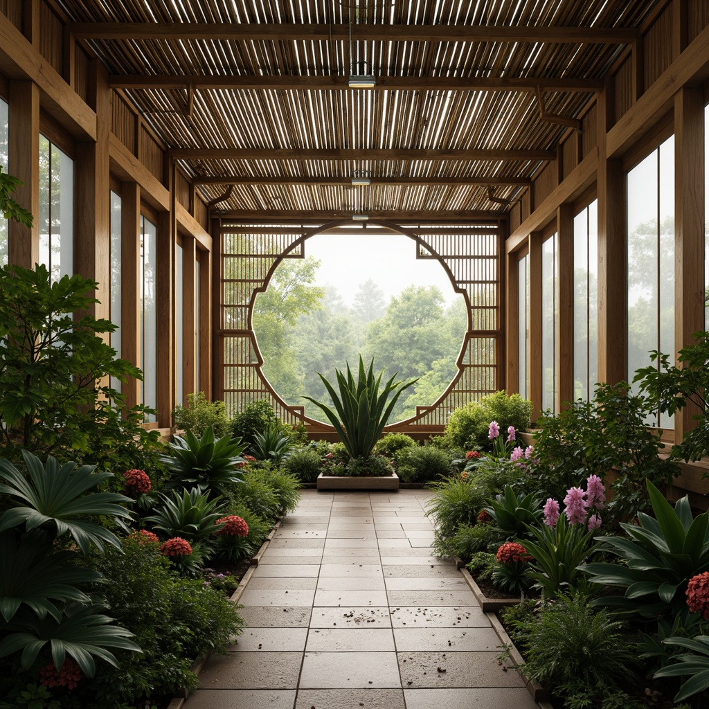 Prompt: Traditional Asian-inspired greenhouse, lush greenery, exotic flowers, natural wood accents, bamboo roofing, translucent rice paper walls, sliding shoji doors, ornate ceramic tiles, intricate wooden latticework, minimalist decor, subtle ambient lighting, warm humid atmosphere, tropical plants, misty morning, soft focus, 1/1 composition, intimate perspective, realistic textures, delicate shadows.