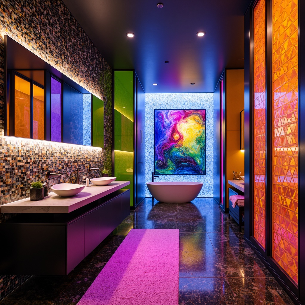 Prompt: Vibrant bathroom, postmodern style, colored glass accents, iridescent mosaics, geometric patterns, bold color blocking, angular sink basins, minimalist faucets, LED lighting, glossy finishes, abstract artwork, futuristic fixtures, sleek cabinetry, textured glass walls, rainbow-hued shower doors, translucent partitions, luxurious ambiance, warm glowing illumination, shallow depth of field, 1/1 composition, realistic reflections.