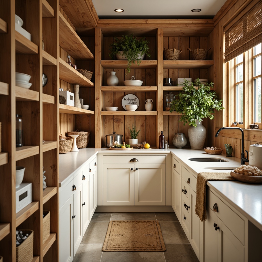 Prompt: Cozy pantry, warm earthy tones, rich wooden shelves, soft cream cabinets, crisp white countertops, bright copper accents, vintage metal signs, woven baskets, natural stone flooring, modern farmhouse style, abundant storage space, rustic decorative elements, soft golden lighting, shallow depth of field, 1/1 composition, realistic textures, ambient occlusion.