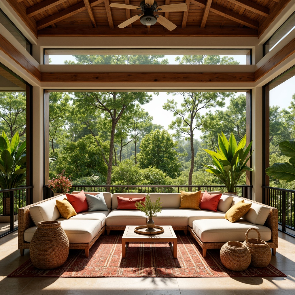 Prompt: Vibrant tropical family room, lush greenery, exotic plants, rattan furniture, colorful throw pillows, bold geometric patterns, natural textiles, woven baskets, reclaimed wood accents, warm beige walls, large windows, sliding glass doors, sunny day, soft warm lighting, shallow depth of field, 3/4 composition, panoramic view, realistic textures, ambient occlusion.